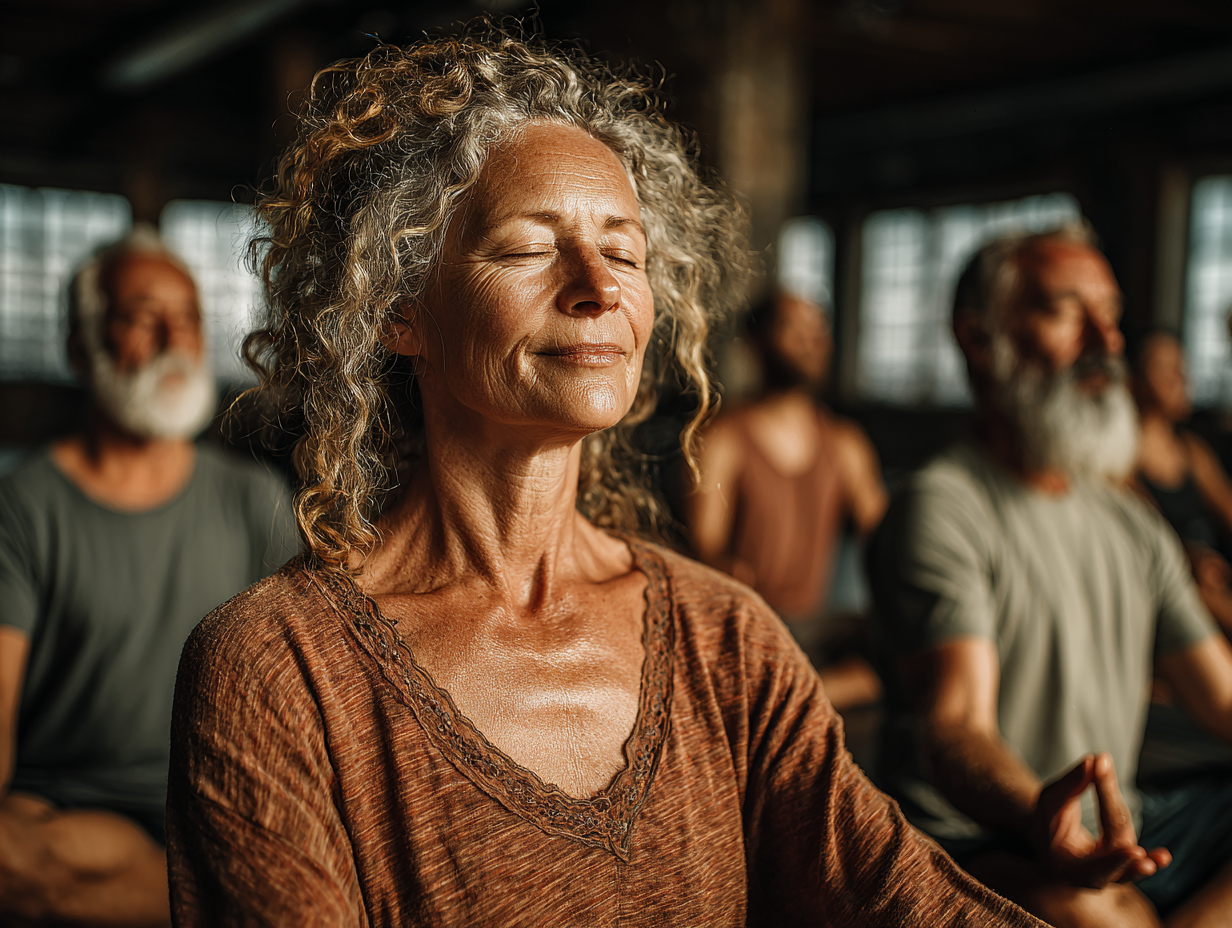 Група старших людей займається творчою йогою